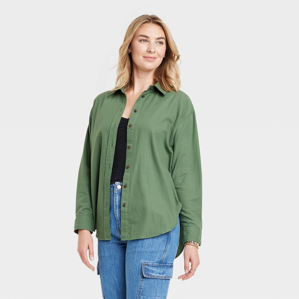 Long Sleeve Oversized Button-Down Shirt - Green XL